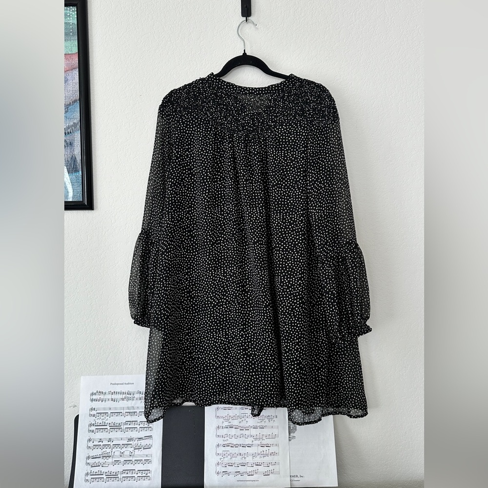 Zara Black Polka Dot Chiffon Mini Dress Balloon Sleeve Tiered Boho Size S